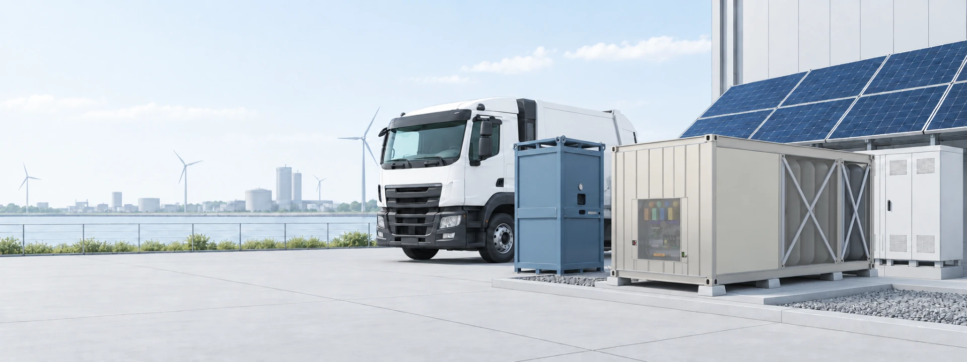 Hydrogen truck, hydrogen storage container, battery cabinet, solar panels and wind turbines at an energy hub